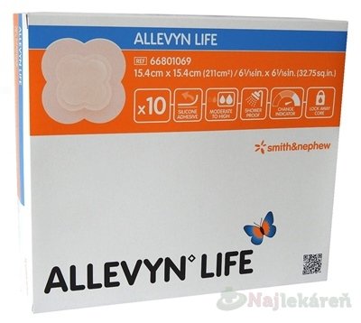 ALLEVYN LIFE Krytie na rany 15,4x15,4cm, adhezívne penové krytie so silikónovým gélom 10ks Allevyn www.bohre.sk