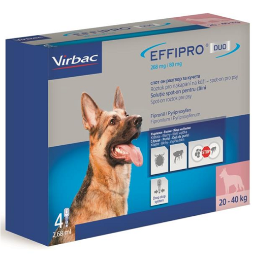 EFFIPRO DUO L 4 x 2,68ml spot-on pipeta proti kliešťom a blchám pre psy od 20 do 40kg VIRBAC www.bohre.sk