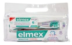 Elmex Sensitive zubná pasta 75 ml + zubná pasta 20 ml + zubná kefka + cestovná taštička darčeková sada Elmex www.bohre.sk