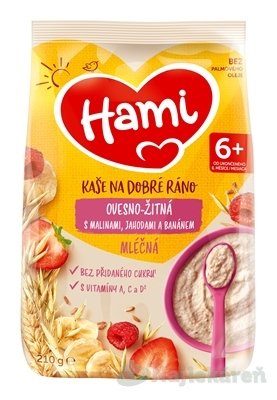 Hami mliečna kaša ovseno - ražná na dobré ráno s malinami, jahodami a banánom (od 6. mesiaca) 210 g HAMI www.bohre.sk