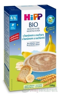 HiPP BIO Mliečna KAŠA Dobrú noc s banán.a suchármi pre dojčatá (od ukonč. 4/6. mesiaca) 250g HIPP www.bohre.sk