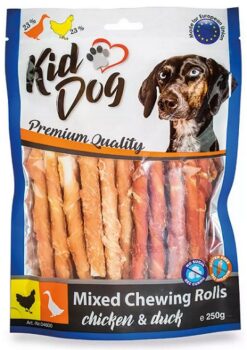 KIDDOG mix buvolích tyčinek s kuřecím a kachním masíčkem - 8 mm/12 cm 250 g KID DOG www.bohre.sk