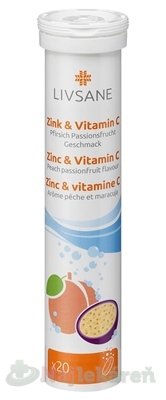 LIVSANE Zinok + Vitamín C šumivé tablety, príchuť broskyňa - mučenka 20 tbl Livsane www.bohre.sk