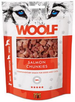 Maškrta Woolf Dog/Cat kúsky lososa pre psy a mačky 100g Woolf www.bohre.sk