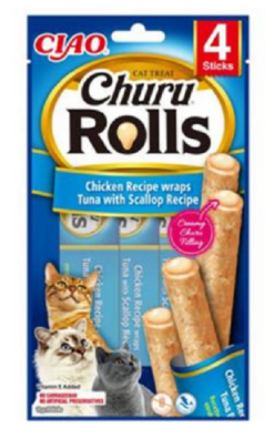 Maškrta pre mačky Inaba Churu Rolls cat Kura & Tuniak s hrebenatkou 4tuby, 40g INABA www.bohre.sk