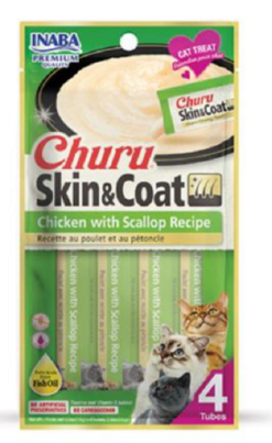 Maškrta pre mačky Inaba Churu Skin & Coat cat Kura s hrebenatkou 4tuby, 56g INABA www.bohre.sk