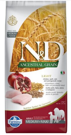 N&D Ancestral Grain Low Grain Dog Light Medium & Maxi Chicken & Pomeg 12 kg Farmina www.bohre.sk
