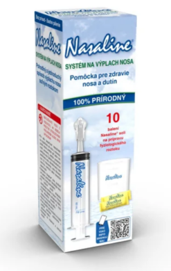 Nasaline Systém na výplach nosa striekačka + odmerka + 10 vreciek soli + cestovné puzdro 1 set NASALINE www.bohre.sk