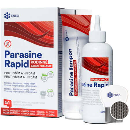 PARASINE Rapid roztok + šampón na vši 2 x 200 ml + hrebeň + čiapka 2 ks set ENEO www.bohre.sk