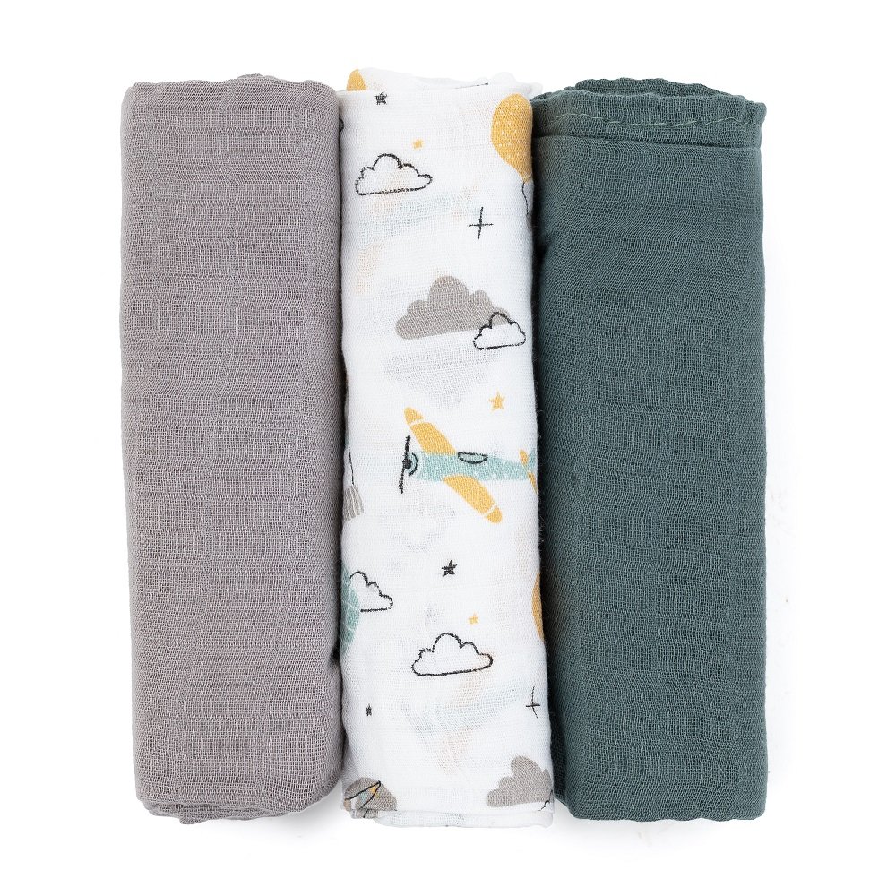 PETITE&MARS Sada plienok bambusová mušelínová 3ks Moussy Grey Planes, 68 x 68 cm Petite&Mars www.bohre.sk