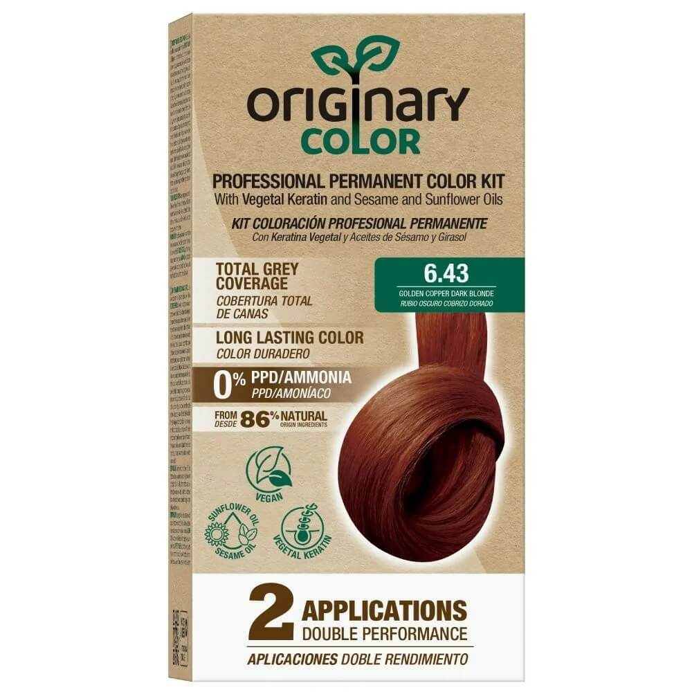 Profesionálna sada na farbenie vlasov s keratínom a rastlinnými olejmi - RÔZNE ODTIENE - Originary Color Farba: Zlatá medená tmavá blond 6/43 Originary Color www.bohre.sk
