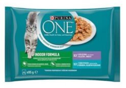 Purina One Indoor mini filetky s tuniakom a zelenými fazuľkami s teľacím a mrkvou v šťave 4 x 85 g PURINA www.bohre.sk