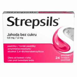 STREPSILS Jahoda bez cukru 24 tvrdých pastiliek Strepsils www.bohre.sk