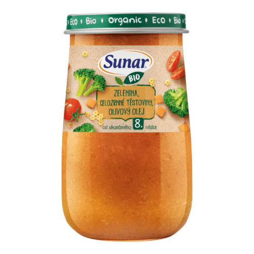 SUNAR Bio príkrm zelenina celozrnné cestoviny olivový olej 8m+ 190 g SUNAR www.bohre.sk
