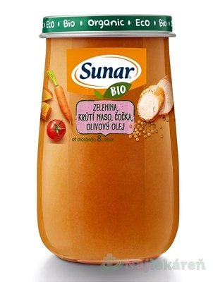 Sunar BIO príkrm ZELENINA, MORČACIE MASO, ŠOŠOVICA, 190g SUNAR www.bohre.sk