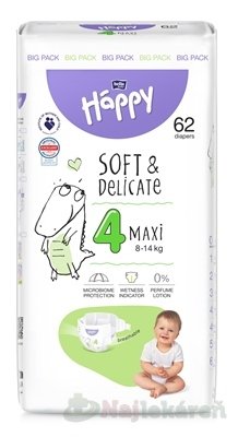 bella HAPPY Soft&Delicate 4 Maxi detské plienky (8-14 kg) 62 ks BELLAHAPPY www.bohre.sk